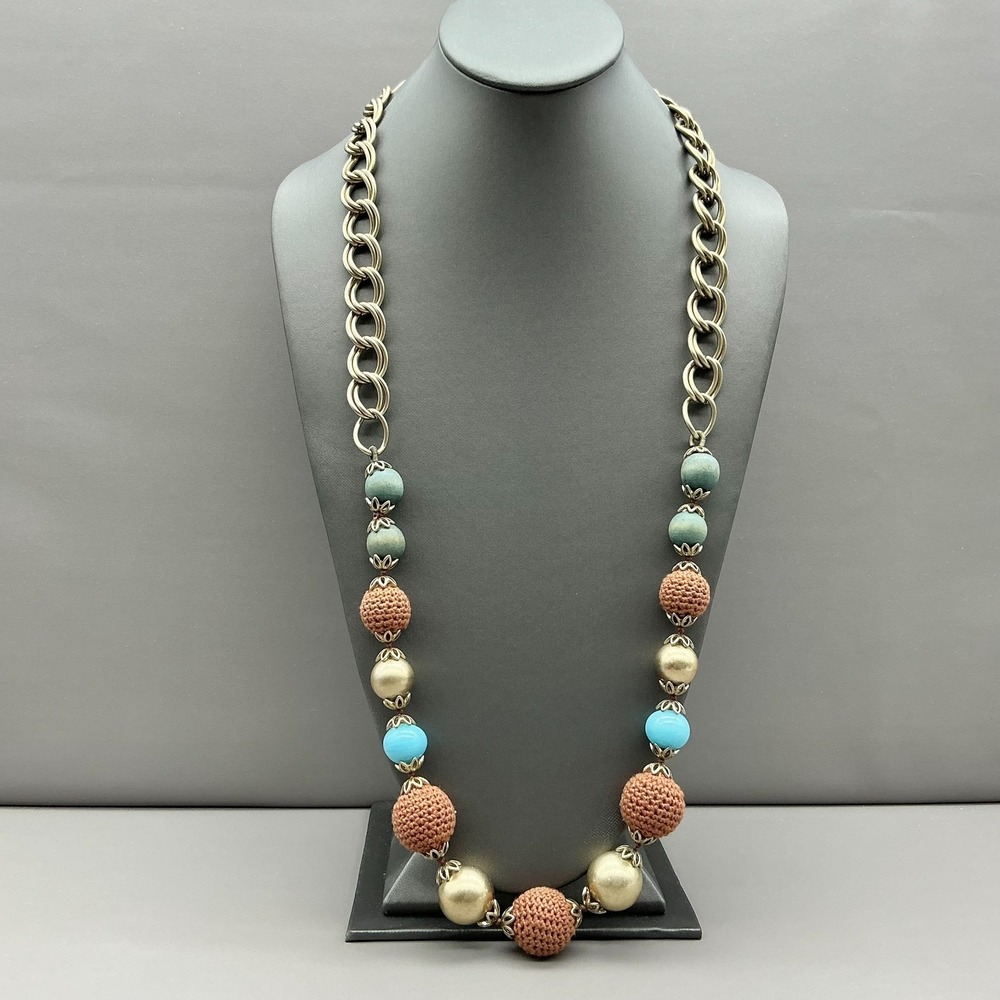 Liz Claiborne LC Gold Chain Beaded Statement Necklace Boho Coastal 24-26 Inch